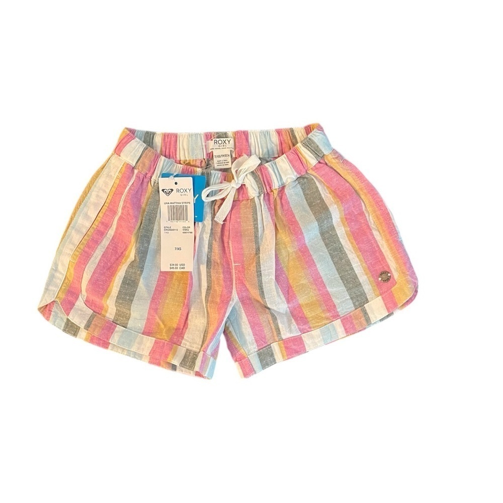 Roxy Striped Shorts Girls 7 XS Cotton Linen Elastic Waist Multicolor - Picture 3 of 11